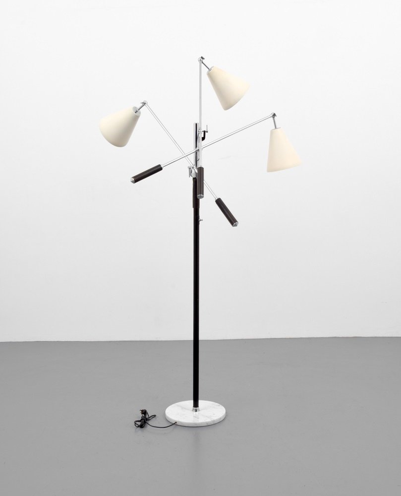 Arredoluce TRIENNALE Floor Lamp: Designer & Manufacturer: Arredoluce Markings: no marking(s) apparent Country of Origin & Materials: Italy; enameled and chromed steel, marble, leather Additional Information: Floor lamp has three adju