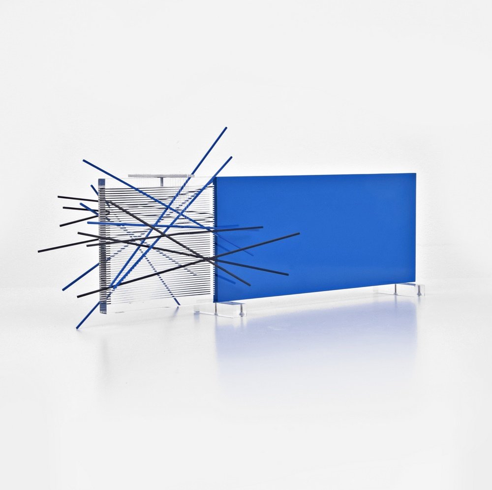 Jesús Raphael Soto Sculpture, Signed Limited Edition: Designer & Manufacturer: Jesús Raphael Soto (Jesús Raphael de Soto) (1923-2005) Markings: signed; ed. 188/200; 1968 Country of Origin & Materials: Venezuelan; metal, screenprint on Plexiglass, nylon
