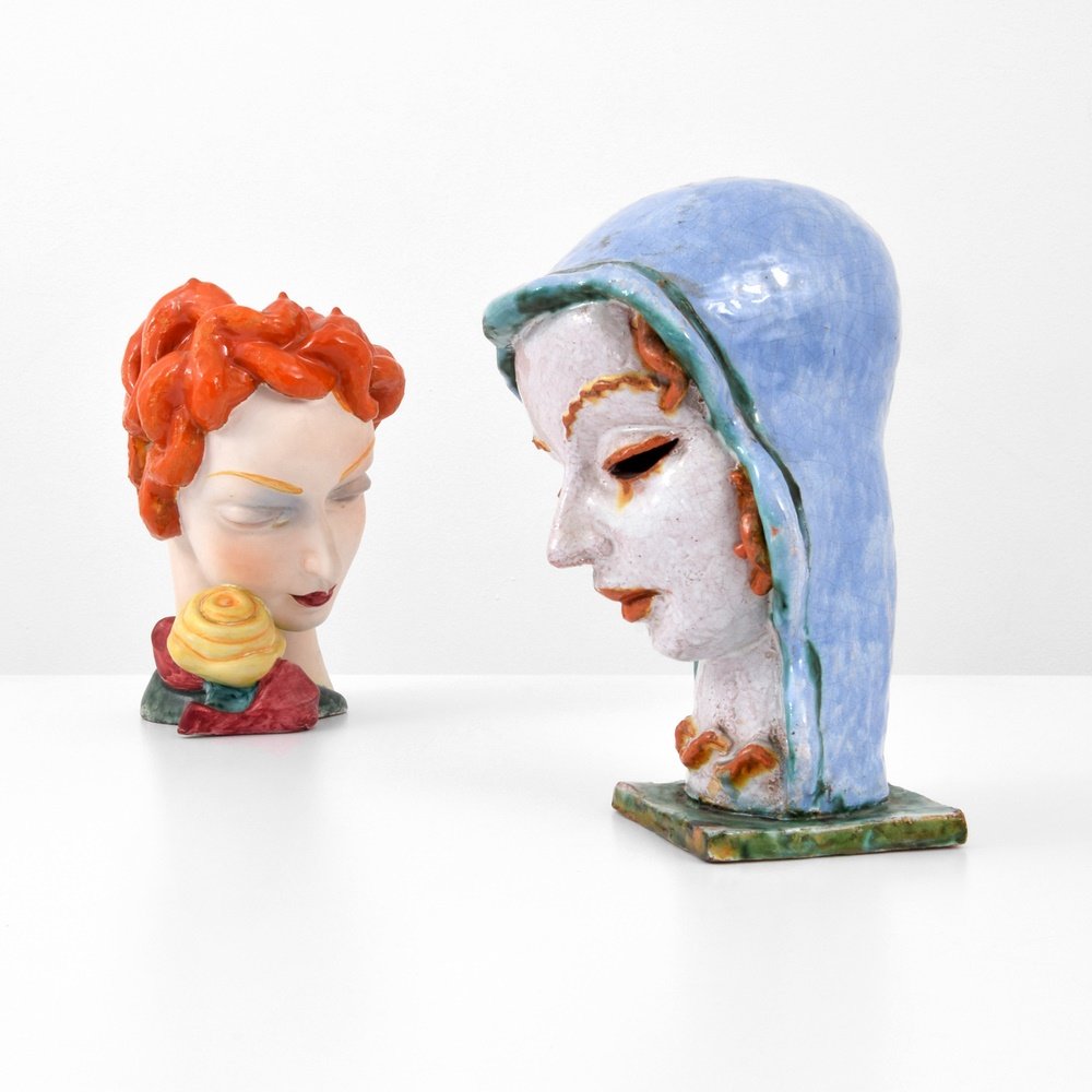 Two Large Pottery Head Sculptures: Designer & Manufacturer: unknown Markings: marking(s) Country of Origin & Materials: Italy & Austria; pottery, glazed earthenware Additional Information: (Key Word Search: Claude Conover, Marcello Fan