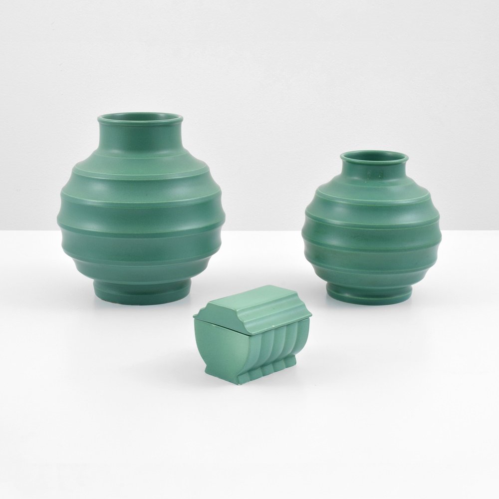2 Keith Murray Ridge Vases & Lidded Box: Designer & Manufacturer: Keith Murray; Wedgwood Markings: marking(s) Country of Origin & Materials: England; ceramic Additional Information: Provenance: collection of Carole A. Berk, Carole A. Berk, L