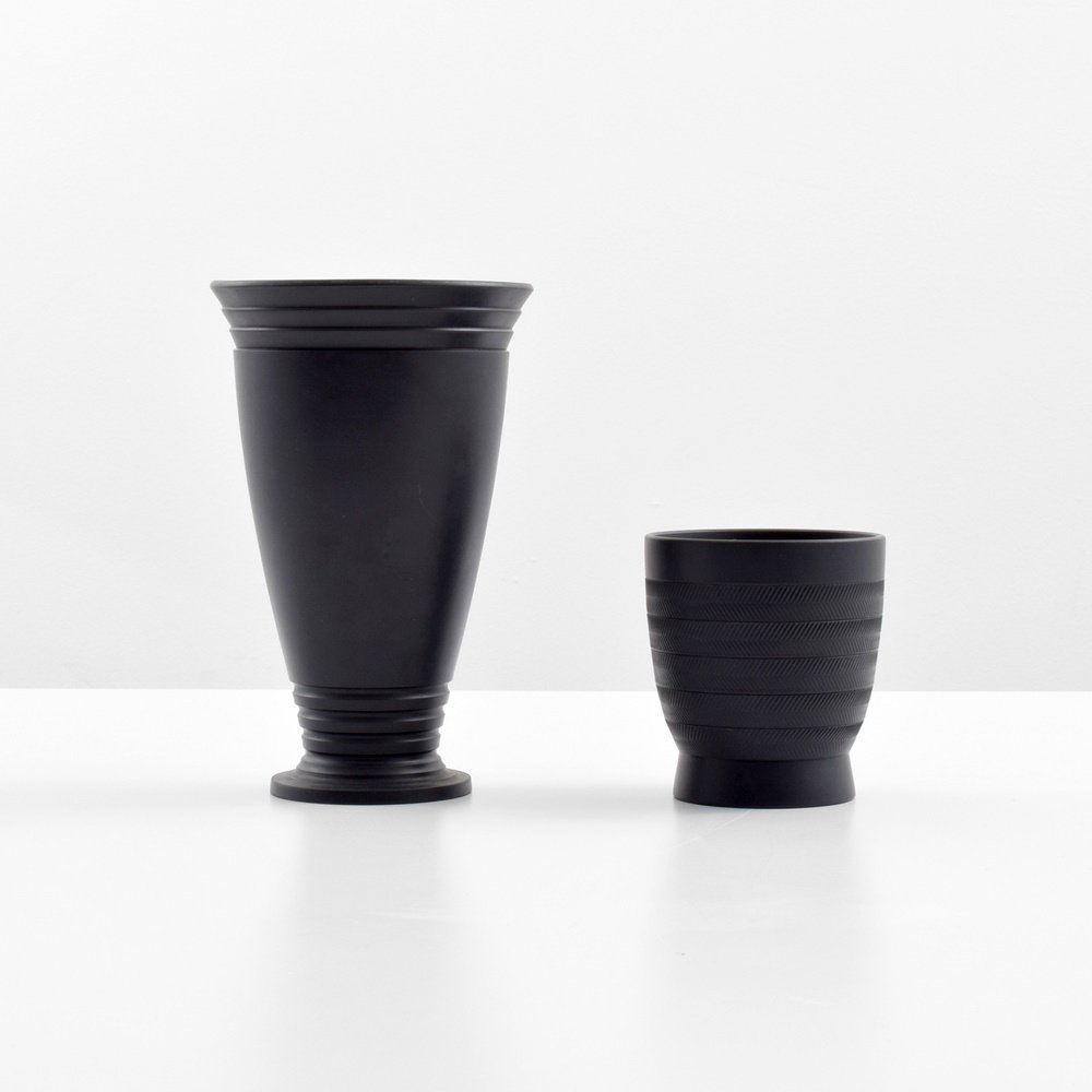 2 Rare Keith Murray BASALT Vases: Designer & Manufacturer: Keith Murray; Wedgwood Markings: marking(s) Country of Origin & Materials: England; ceramic Additional Information: Provenance: collection of Carole A. Berk, Carole A. Berk, L