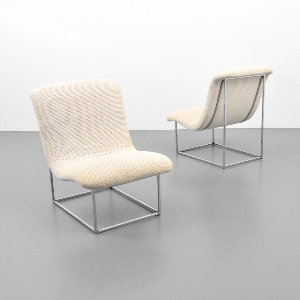Pair of Milo Baughman Lounge Chairs: Designer & Manufacturer: Milo Baughman; Thayer Coggin Markings: no marking(s) apparent Country of Origin & Materials: USA; chromed metal, upholstery Additional Information: (Key Word Search: Milo Baug