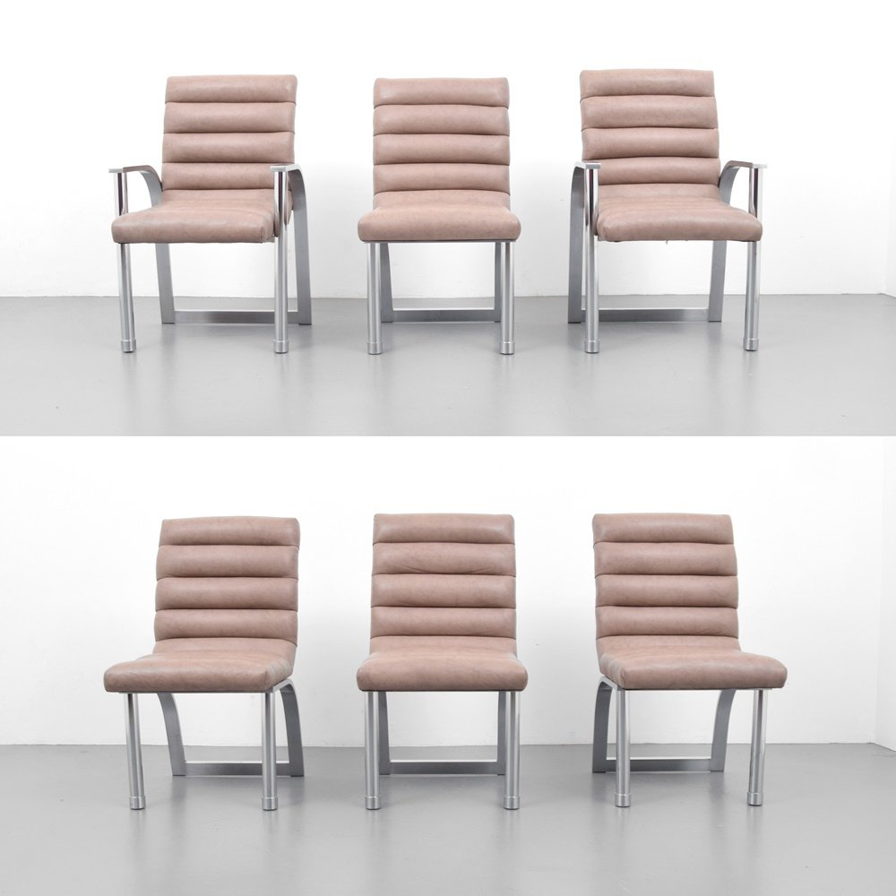 Jay Spectre ECLIPSE Dining Chairs, Set of 6: Designer & Manufacturer: Jay Spectre; Century Furniture Co. Markings: no marking(s) apparent Country of Origin & Materials: USA; stainless steel, vinyl Additional Information: Set is comprised of two