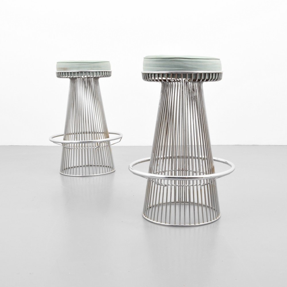 Pair of Stools, Manner of Warren Platner: Designer & Manufacturer: Warren Platner, Manner of Markings: no marking(s) apparent Country of Origin & Materials: USA; chromed metal, upholstery Additional Information: (Key Word Search: Milo Baughma