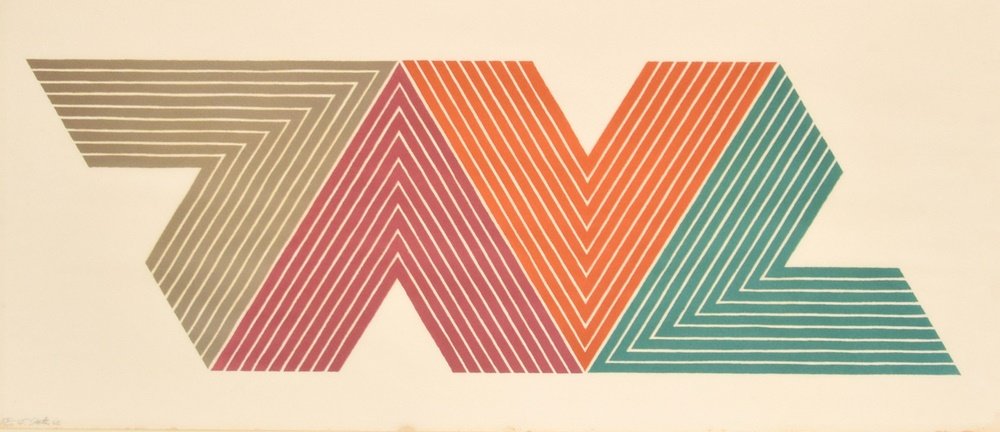 Frank Stella Lithograph, Signed Limited Edition: Designer & Manufacturer: Frank Stella (b. 1936) Markings: signed; ed. 58/100; 1968 Country of Origin & Materials: American; paper Additional Information: Work is from the V series, printed by James W