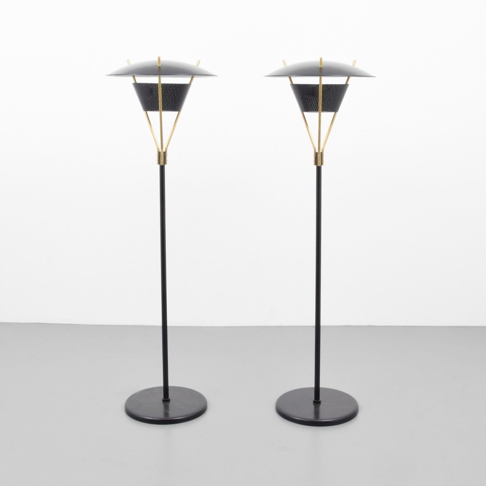 Pair of Gerald Thurston Floor Lamps: Designer & Manufacturer: Gerald Thurston; Lightolier Markings: no marking(s) apparent Country of Origin & Materials: USA; metal Additional Information: Each lamp has one light socket. (Key Word Search
