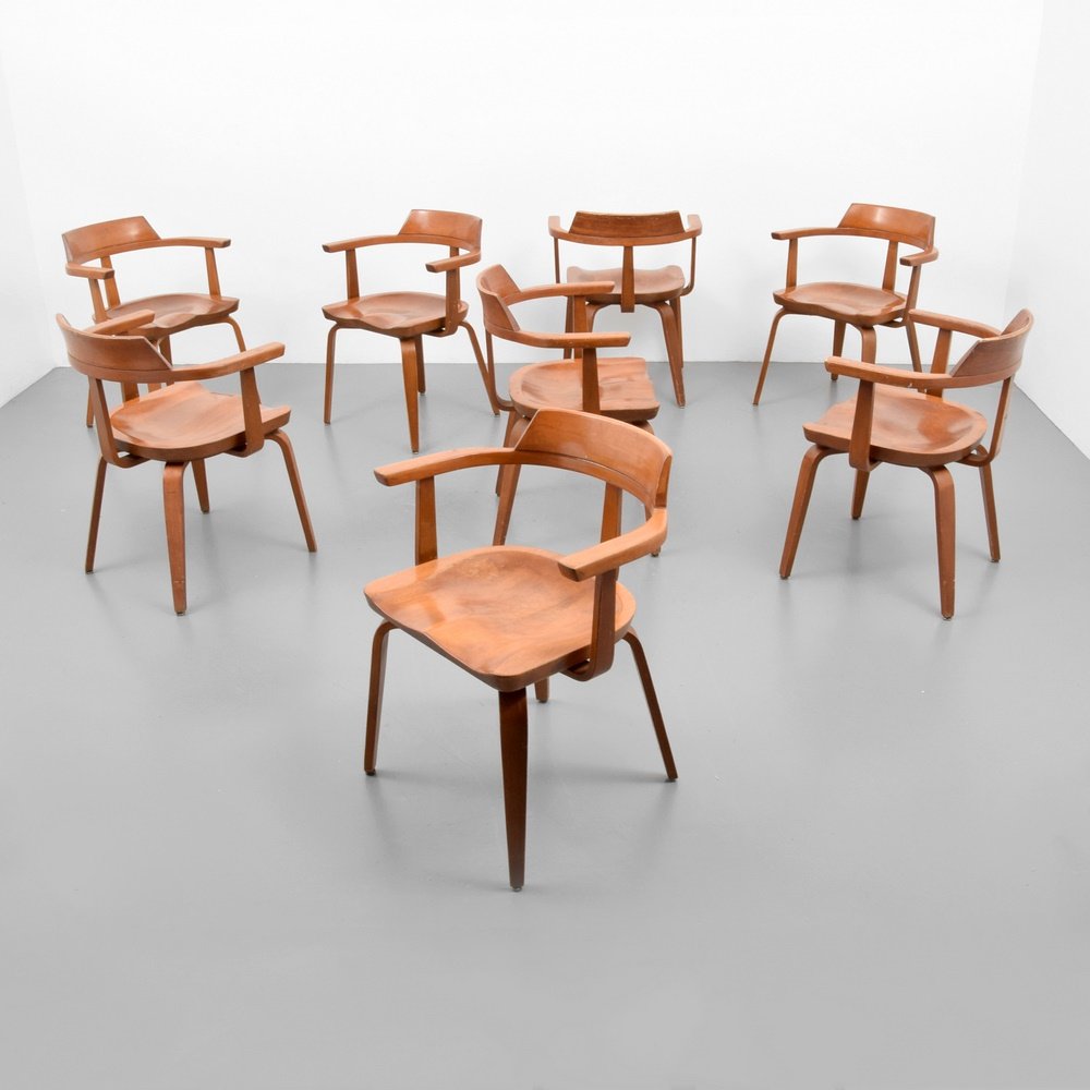 Walter Gropius & Ben Thompson Arm Chairs, 8: Designer & Manufacturer: Walter Gropius & Ben Thompson; Thonet Markings: marking(s) Country of Origin & Materials: USA; stained and laminated birch Additional Information: Chairs are model W-199. Refe