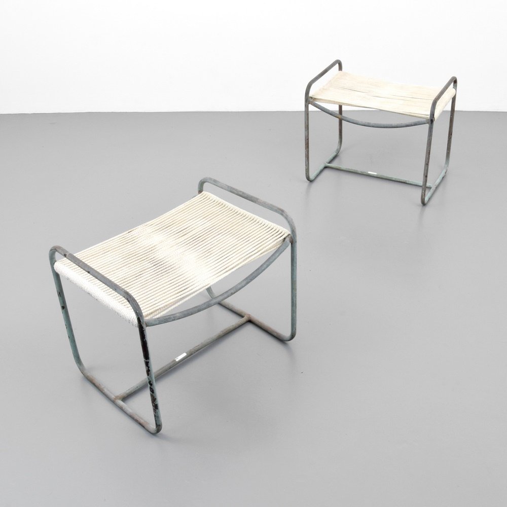 Pair of Walter Lamb Ottomans: Designer & Manufacturer: Walter Lamb; Brown Jordan Markings: no marking(s) apparent Country of Origin & Materials: USA; bronze or copper tubing, roping Additional Information: (Key Word Search: outdoo