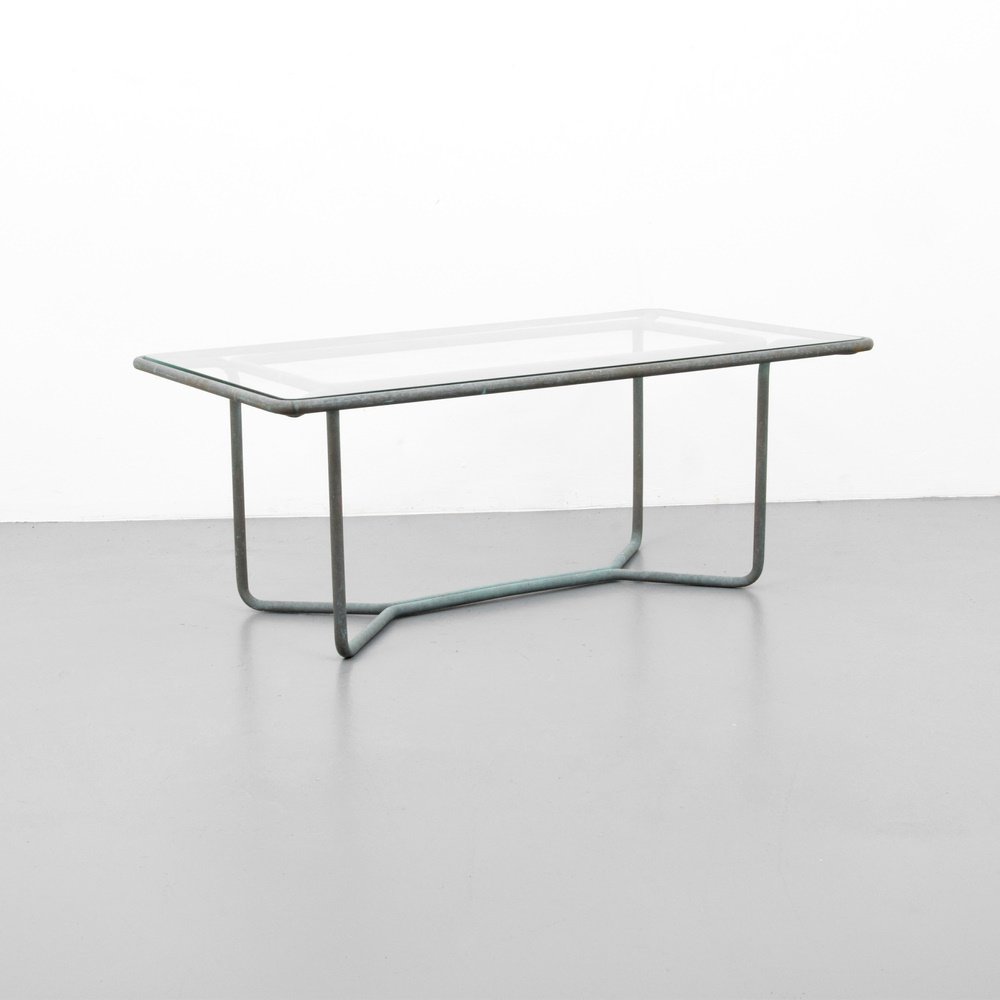 Walter Lamb Coffee Table: Designer & Manufacturer: Walter Lamb; Brown Jordan Markings: no marking(s) apparent Country of Origin & Materials: USA; bronze or copper tubing, glass Additional Information: (Key Word Search: outdoor