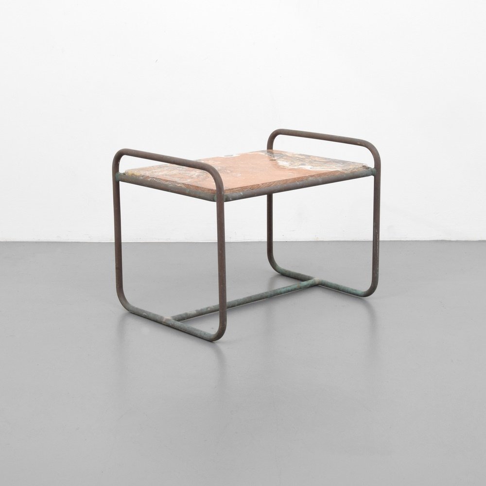 Walter Lamb Occasional Table: Designer & Manufacturer: Walter Lamb; Brown Jordan Markings: no marking(s) apparent Country of Origin & Materials: USA; bronze or copper tubing, marble Additional Information: (Key Word Search: outdoo