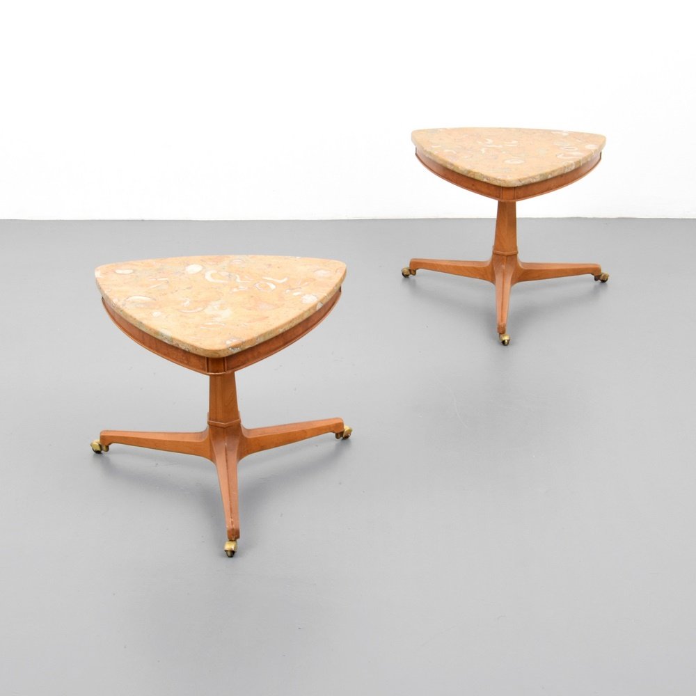 Pair of Tomlinson SOPHISTICATE End Tables: Designer & Manufacturer: Tomlinson Furniture Co. Markings: marking(s) Country of Origin & Materials: USA; wood, brass, marble Additional Information: (Key Word Search: Edward Wormley, Dunbar, Harvey P