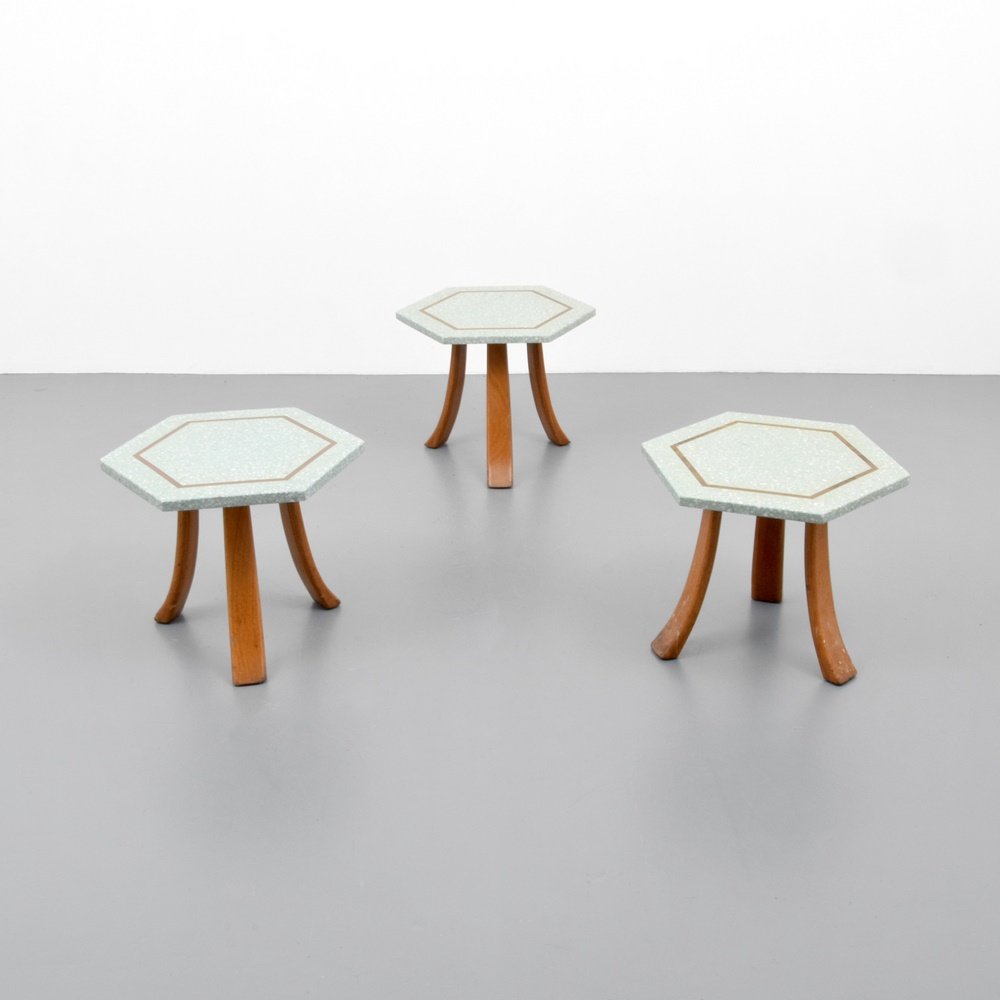 Harvey Probber End Tables, Set of 3: Designer & Manufacturer: Harvey Probber Markings: no marking(s) apparent Country of Origin & Materials: USA; terrazzo, wood, brass Additional Information: Provenance: From a Palm Beach estate. Referen