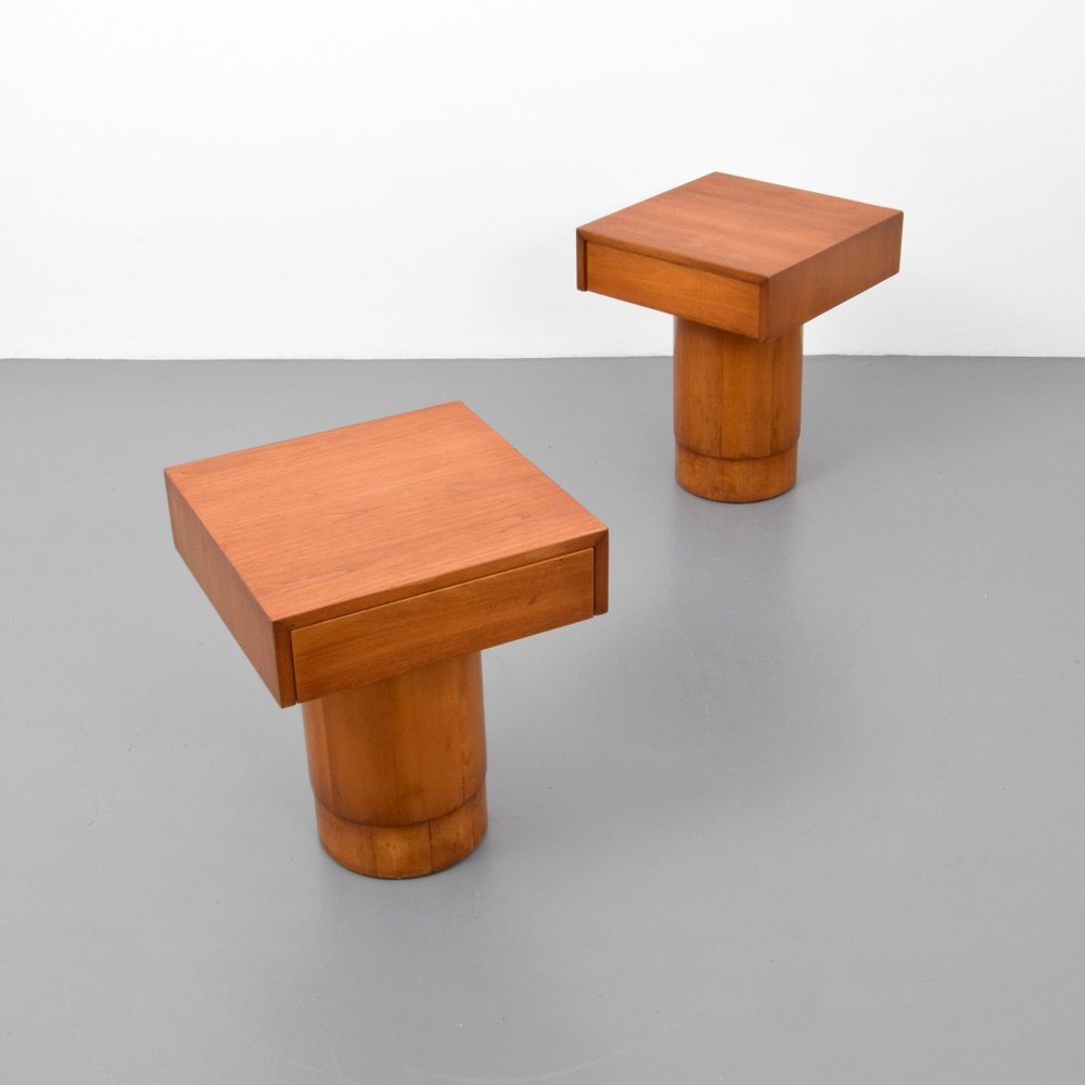 Pair of Vladimir Kagan Nightstands/Tables: Designer & Manufacturer: Vladimir Kagan; Grosfeld House Markings: marking(s) Country of Origin & Materials: USA; wood Additional Information: Each table has one drawer. (Key Word Search: Edward Wormle