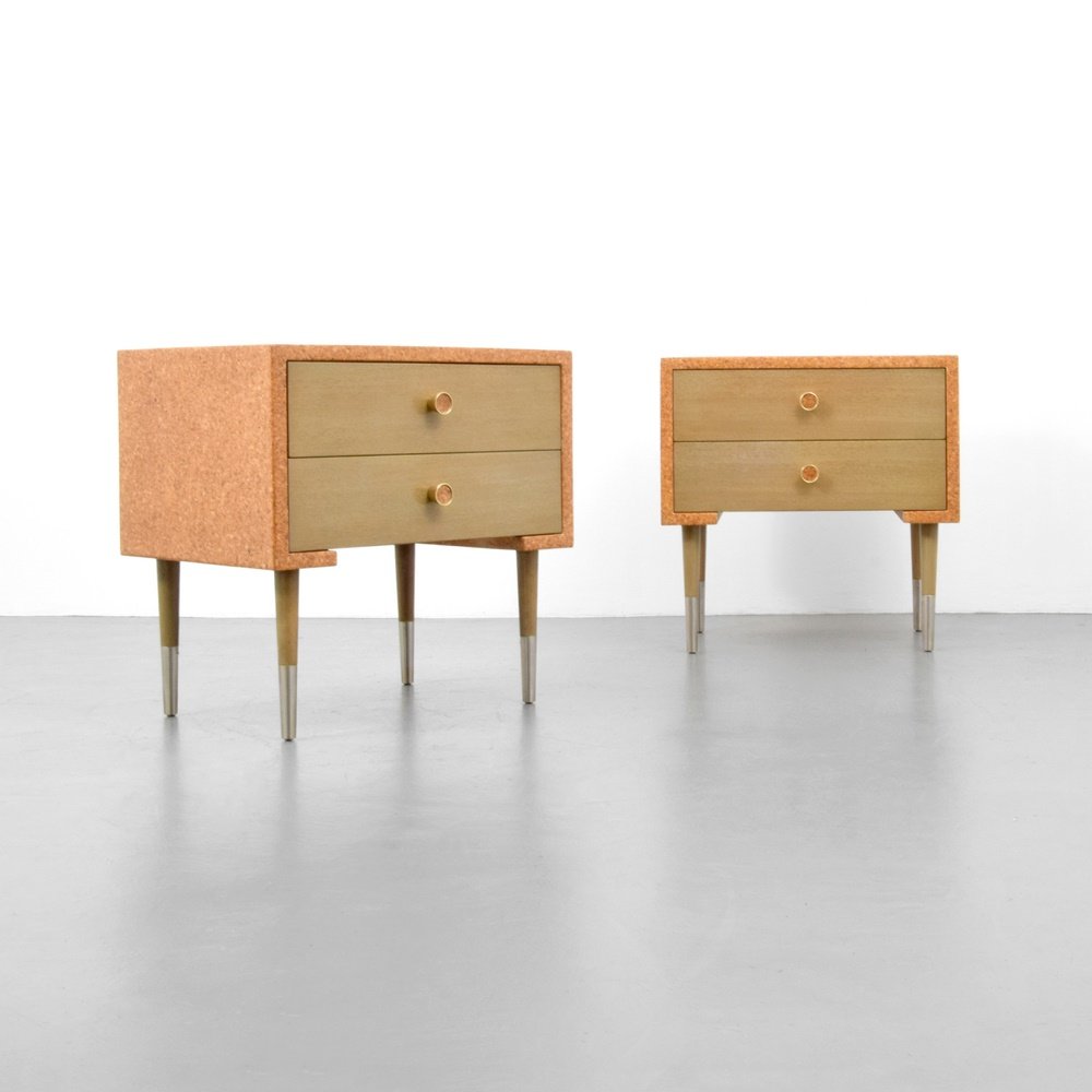 Pair of Paul Frankl Cork Nightstands: Designer & Manufacturer: Paul Frankl; Johnson Furniture Co. Markings: marking(s) Country of Origin & Materials: USA; cork, wood, metal Additional Information: Each nightstand/end table has two drawers