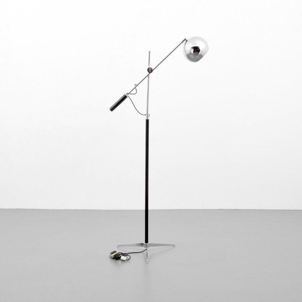 Floor Lamp, Manner of Arredoluce: Designer & Manufacturer: Arredoluce, manner of Markings: no marking(s) apparent Country of Origin & Materials: unknown; chromed metal, leather Additional Information: Lamp is adjustable. (Key Word Sea