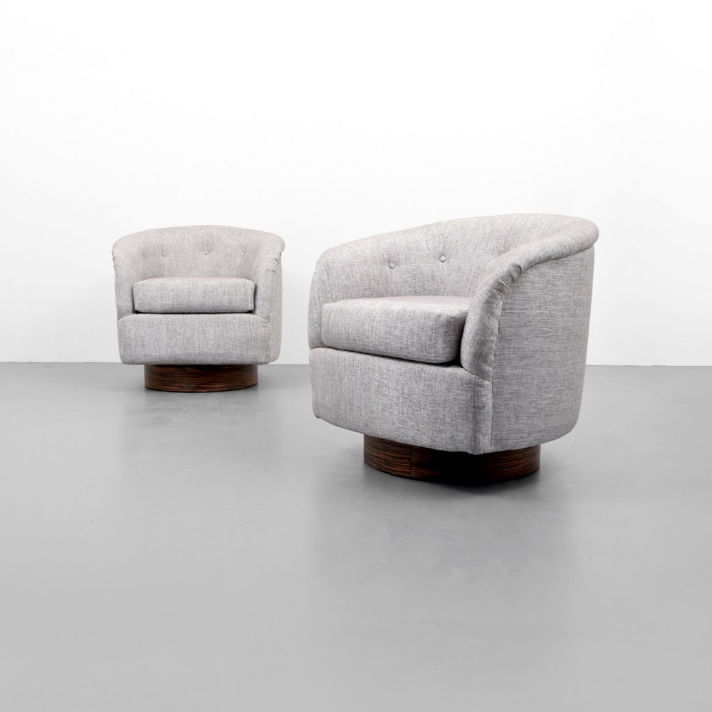Pair of Swivel Lounge Chairs Attr. to Milo Baughman: Designer & Manufacturer: Milo Baughman, Attributed; Thayer Coggin, Attributed Markings: no marking(s) apparent Country of Origin & Materials: unknown; wood, upholstery Additional Information: (Key Wor