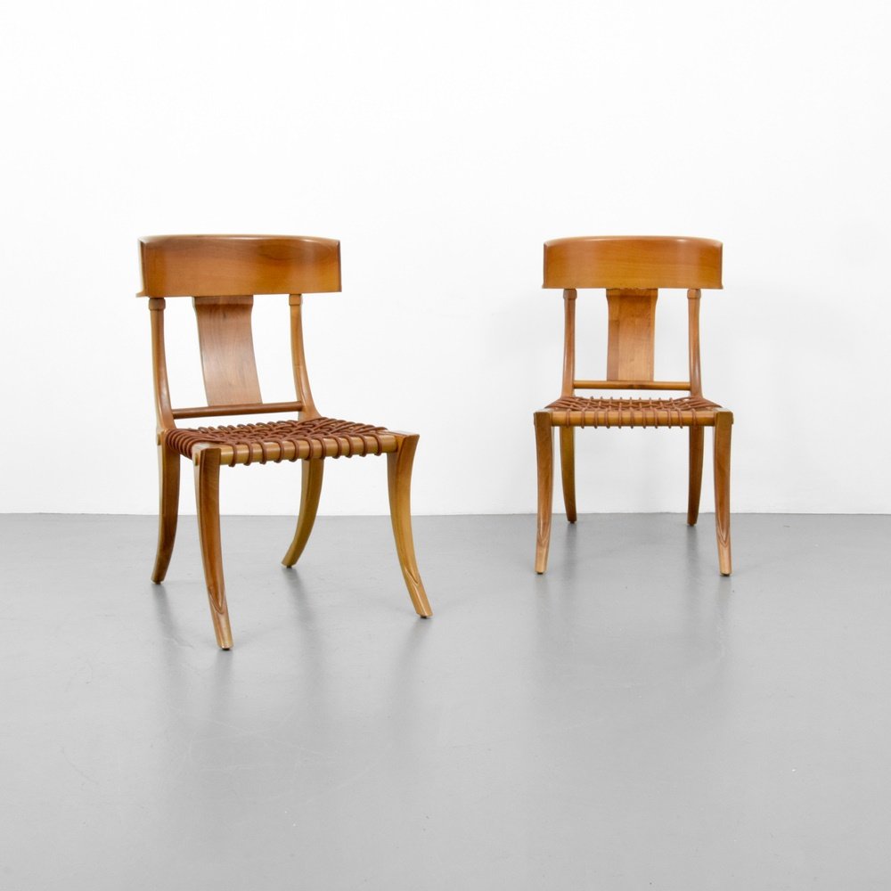 Pair of KLISMOS Chairs Attr. to T.H. Robsjohn-Gibbings: Designer & Manufacturer: T.H. Robsjohn Gibbings, Attributed; Widdicomb, Attributed Markings: no marking(s) apparent Country of Origin & Materials: USA; wood, leather Additional Information: (Key Word 
