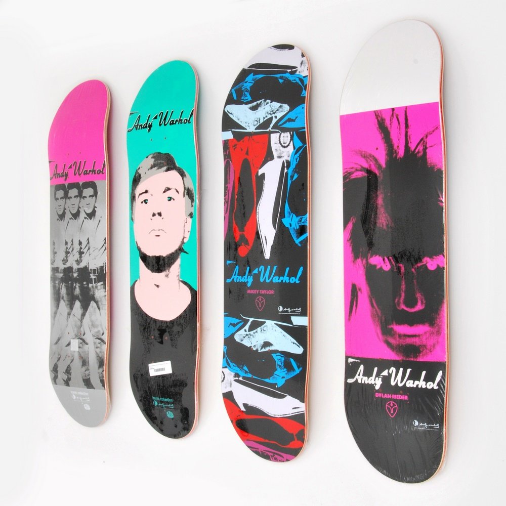 Andy Warhol (After) Skateboard Decks, Set of 4: Designer & Manufacturer: Andy Warhol (After); Alien Workshop Markings: marking(s) Country of Origin & Materials: American; acrylic, transfer-printed plywood Additional Information: Copyright and trade