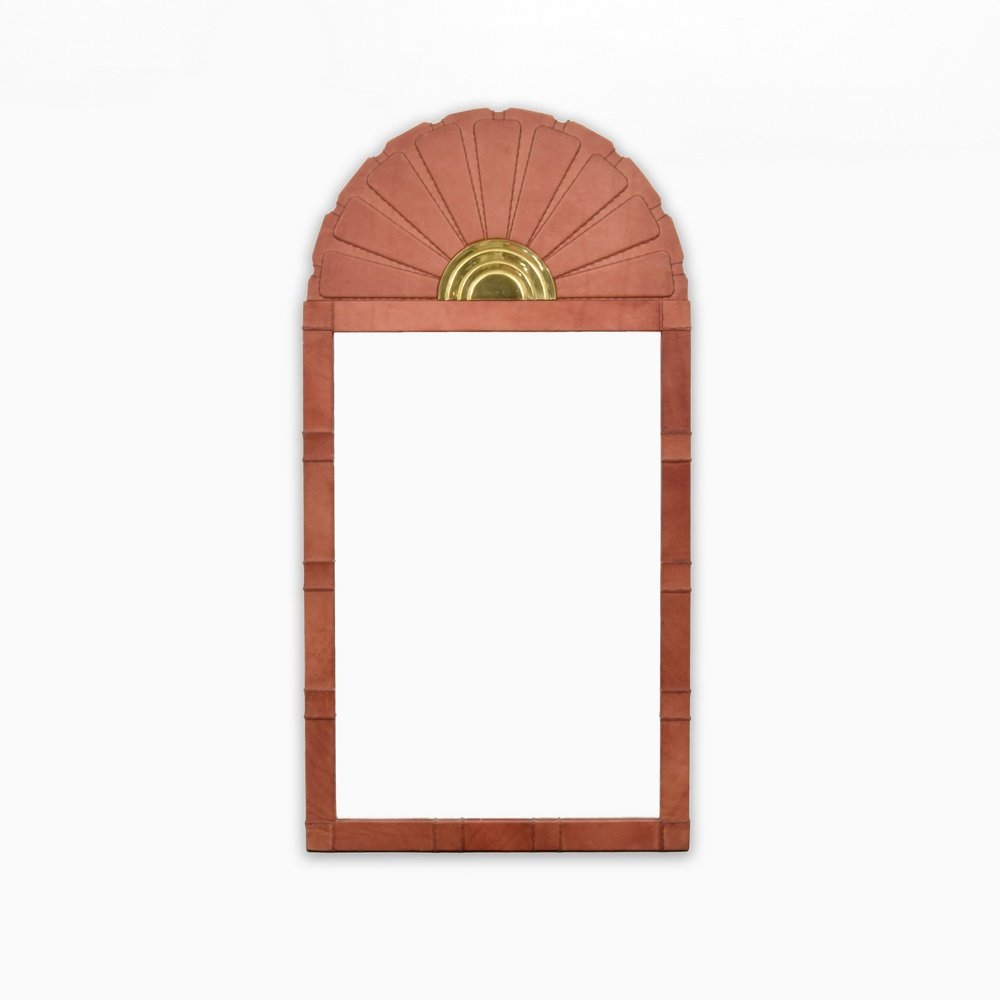 Large Sarreid Ltd. Leather Mirror: Designer & Manufacturer: Sarreid Ltd. Markings: marking(s) Country of Origin & Materials: USA; mirror, brass, leather Additional Information: (Key Word Search: James Mont, Serge Roche, Karl Springer,