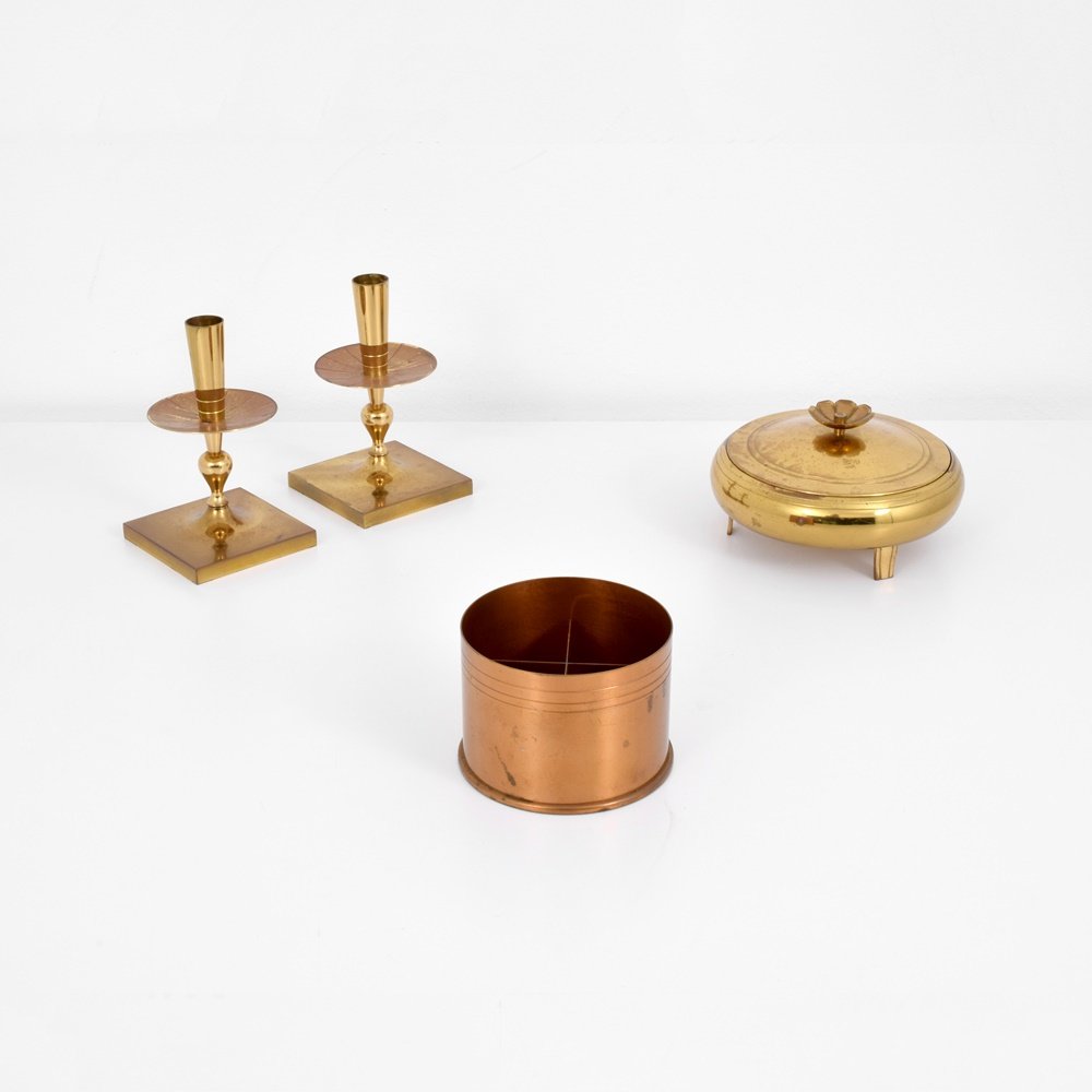 Tommi Parzinger Group, Lot of 3: Designer & Manufacturer: Tommi Parzinger; Dorlyn Silversmiths Markings: marking(s) Country of Origin & Materials: USA; brass, glass, other Additional Information: Lot includes a lidded container with 