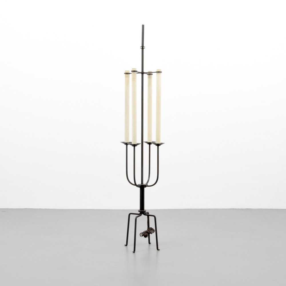 Tommi Parzinger Floor Lamp: Designer & Manufacturer: Tommi Parzinger Markings: no marking(s) apparent Country of Origin & Materials: USA; enamel on steel Additional Information: Reference: Modern Americana: Studio Furniture From
