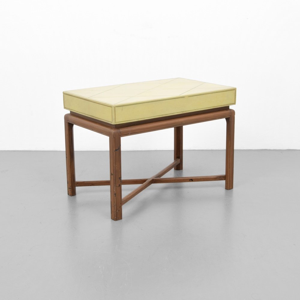 Tommi Parzinger Occasional Table: Designer & Manufacturer: Tommi Parzinger; Charak Modern Markings: no marking(s) apparent Country of Origin & Materials: USA; wood, leather Additional Information: (Key Word Search: James Mont, Serge
