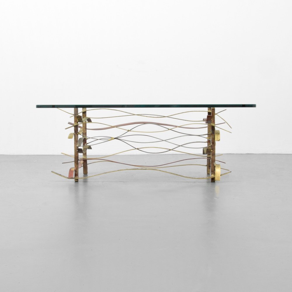 Silas Seandel RIBBON Coffee Table: Designer & Manufacturer: Silas Seandel (b. 1937) Markings: no marking(s) apparent Country of Origin & Materials: USA; mixed metals, glass Additional Information: (Key Word Search: George Nakashima,