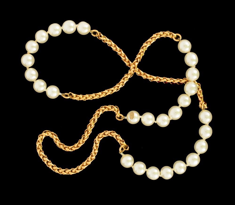 CHANEL Faux Pearl & Gold Tone Necklace: Designer & Manufacturer: Chanel Markings: marking(s) Country of Origin & Materials: France; gold tone metal, faux pearl Additional Information: (Key Word Search: Alexander Calder, Art Smith, Ed Wiener