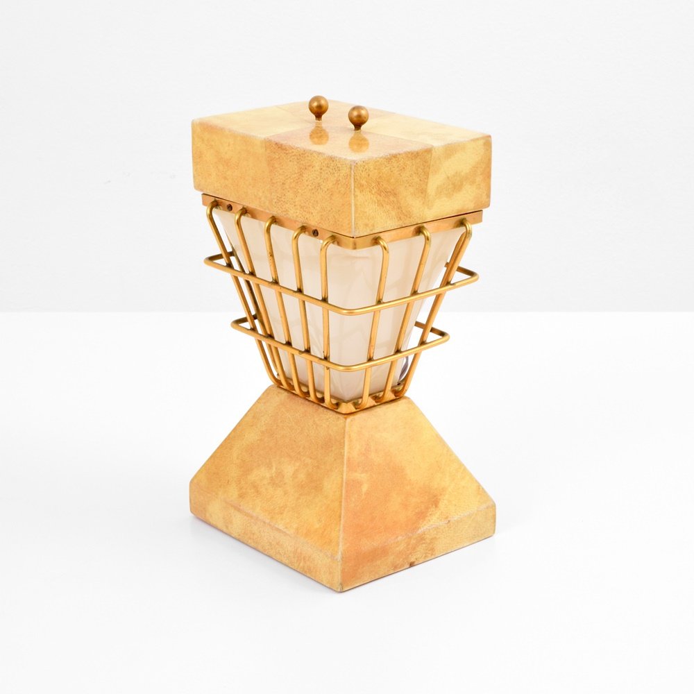 Aldo Turo Goatskin Lamp: Designer & Manufacturer: Aldo Tura Markings: marking(s) Country of Origin & Materials: Italy; lacquered goatskin (parchment), wood, brass Additional Information: (Key Word Search: Venini, Fontana Ar