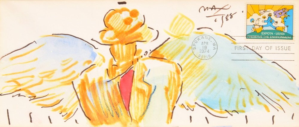 Peter Max Watercolor Painting/Mixed Media, Original: Designer & Manufacturer: Peter Max (b. 1937) Markings: signed Country of Origin & Materials: American; paper (envelope) Additional Information: Work is titled FIRST DAY OF ISSUE ENVELOPE. Lot includes