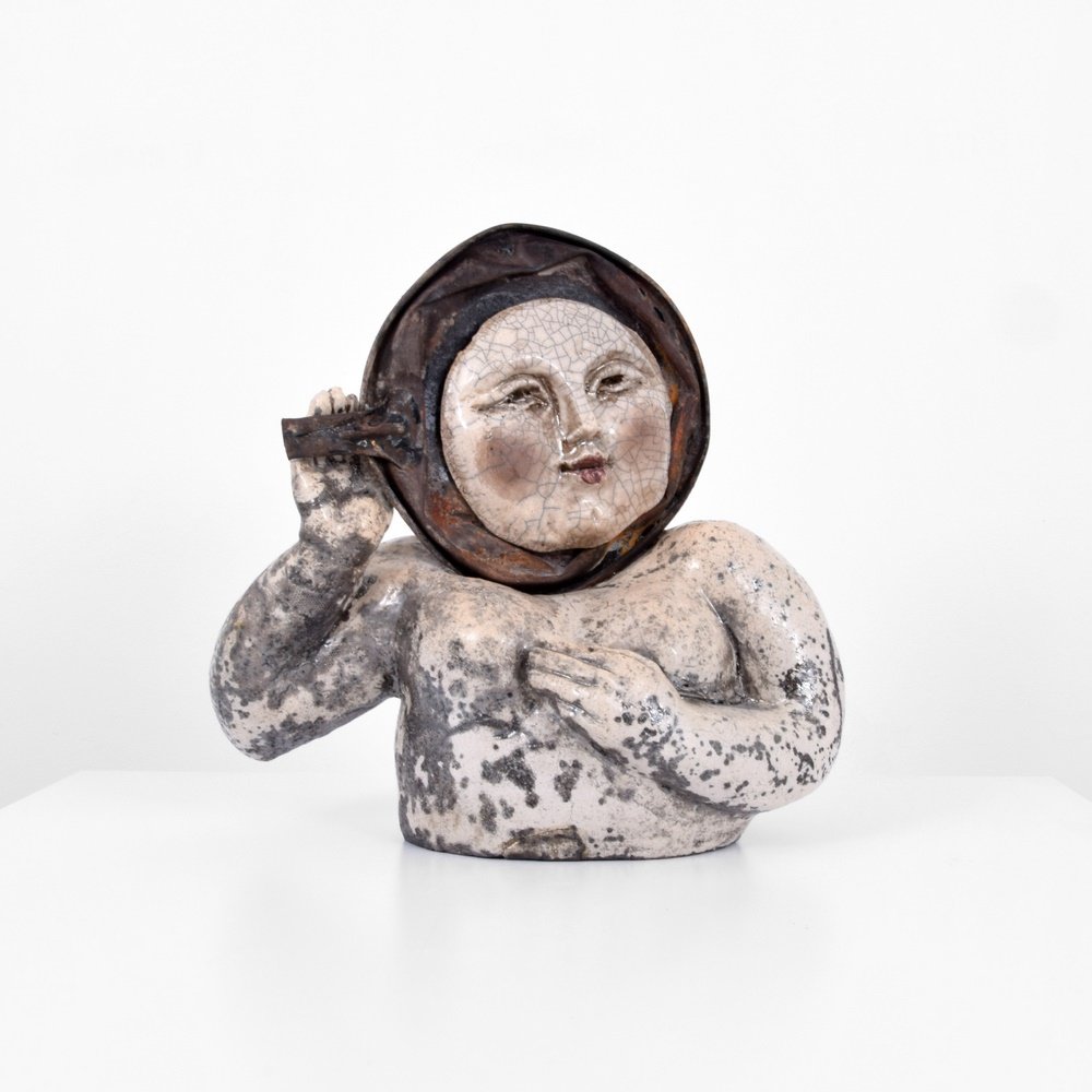 Large Raku Mixed Media Sculpture: Designer & Manufacturer: unknown Markings: no marking(s) apparent Country of Origin & Materials: unknown; pottery, metal Additional Information: (Key Word Search: Claude Conover, Marcello Fantoni, Rog