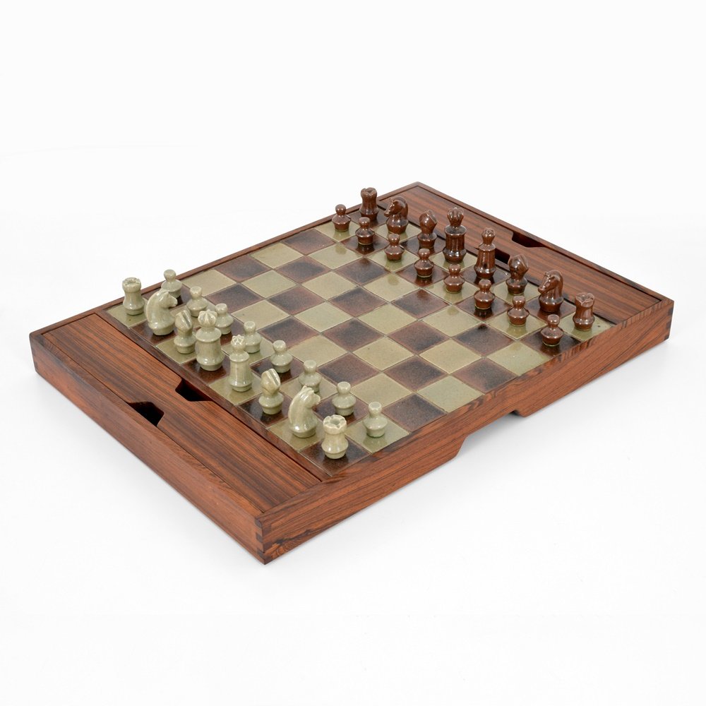 Rosewood Chess Set, Manner of Mogens Lund: Designer & Manufacturer: Mogens Lund, Manner of Markings: no marking(s) apparent Country of Origin & Materials: unknown; rosewood, glazed stoneware Additional Information: Chess set is complete with