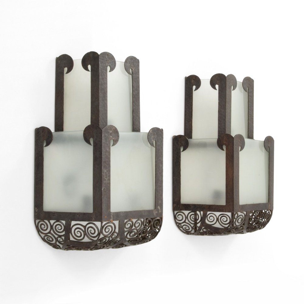 Pair of Large Art Deco Sconces, Manner of Oscar Bach: Designer & Manufacturer: Oscar Bach, Manner of Markings: no marking(s) apparent Country of Origin & Materials: France; glass, metal Additional Information: (Key Word Search: Jean-Michel Frank, Maiso