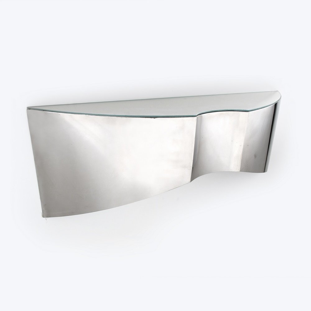 Wall-Mounted Console Table, Manner of Karl Springer: Designer & Manufacturer: Karl Springer, Manner of Markings: no marking(s) apparent Country of Origin & Materials: USA; mirror, chromed metal Additional Information: (Key Word Search: Milo Baughman,