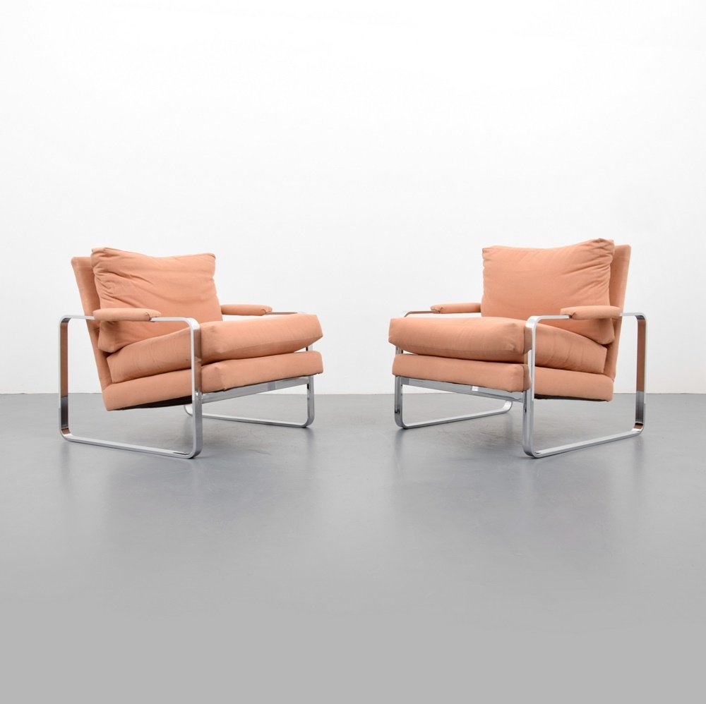 Pair of Lounge Chairs, Manner of Milo Baughman: Designer & Manufacturer: Milo Baughman, Manner of Markings: no marking(s) apparent Country of Origin & Materials: unknown; chromed metal, upholstery Additional Information: (Key Word Search: Milo Baug