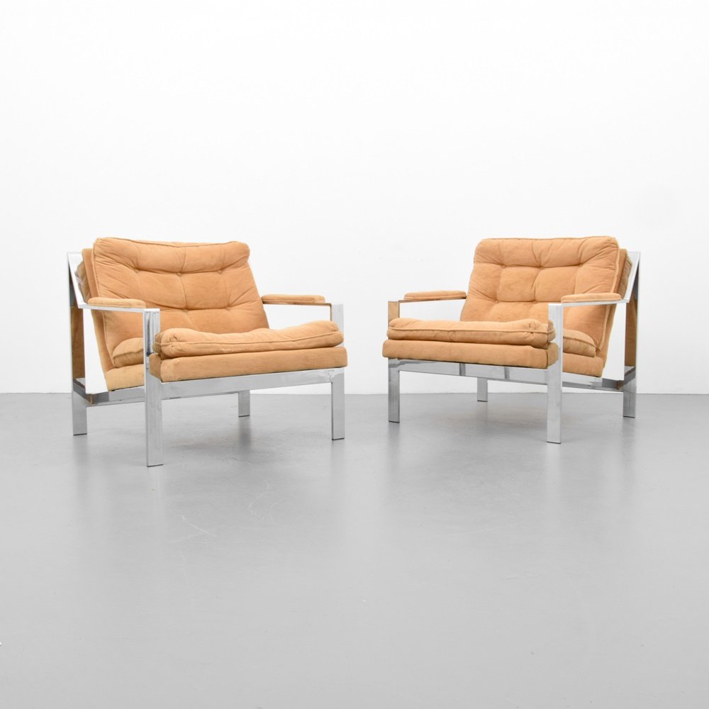 Pair of Cy Mann Lounge Chairs: Designer & Manufacturer: Cy Mann; Cy Mann Designs Ltd. Markings: no marking(s) apparent Country of Origin & Materials: USA; chromed metal, upholstery Additional Information: (Key Word Search: Milo B