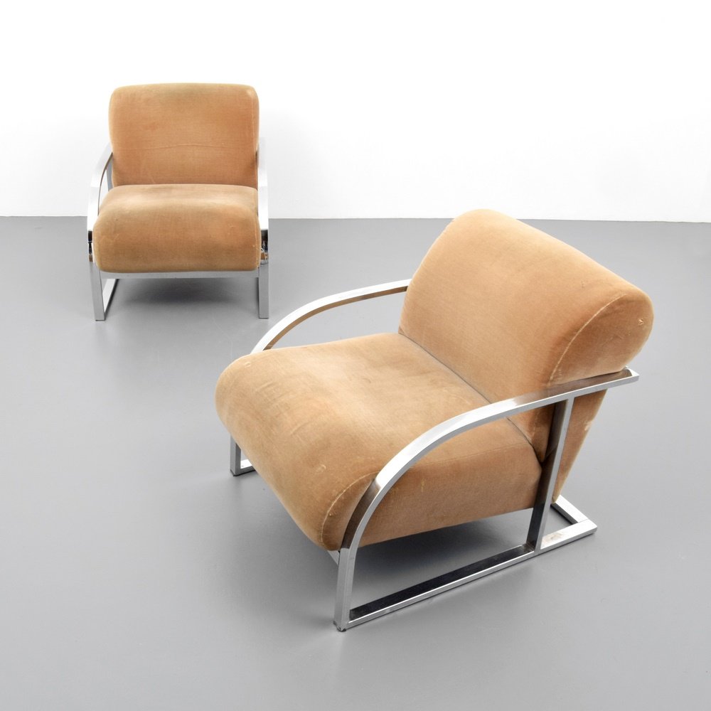 Pair of Milo Baughman Lounge Chairs: Designer & Manufacturer: Milo Baughman; Thayer Coggin Markings: marking(s) Country of Origin & Materials: USA; chromed metal, upholstery Additional Information: (Key Word Search: Milo Baughman, Pace C