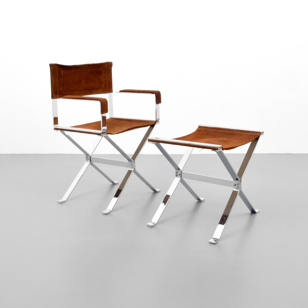 Alessandro Albrizzi Arm Chair & Ottoman: Designer & Manufacturer: Alessandro Albrizzi Markings: no marking(s) apparent Country of Origin & Materials: Italy; chromed metal, suede Additional Information: (Key Word Search: Milo Baughman, Pace C