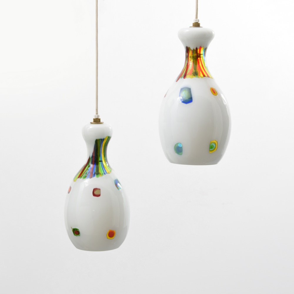 Pair of Anzolo Fuga Hanging Lamps: Designer & Manufacturer: Anzolo Fuga Markings: no marking(s) apparent Country of Origin & Materials: Italy; glass, metal Additional Information: (Key Word Search: Murano, Venini, Barovier & Toso, Ar