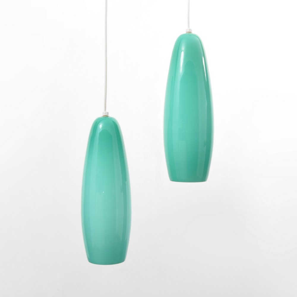 Pair of Vistosi Pendant Lamps: Designer & Manufacturer: Vistosi Markings: no marking(s) apparent Country of Origin & Materials: Italy; glass, metal Additional Information: (Key Word Search: Venini, Barovier & Toso, Archimede Segu