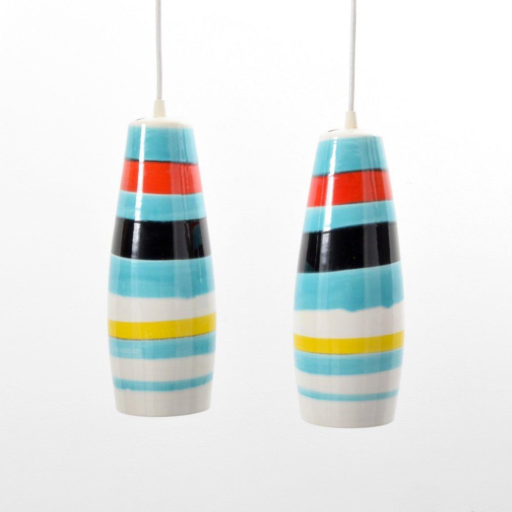 Pair of Raymor Ceramic Pendant Lamps: Designer & Manufacturer: Raymor Markings: no marking(s) apparent Country of Origin & Materials: Italy; ceramic Additional Information: (Key Word Search: Claude Conover, Marcello Fantoni, Roger Capron,