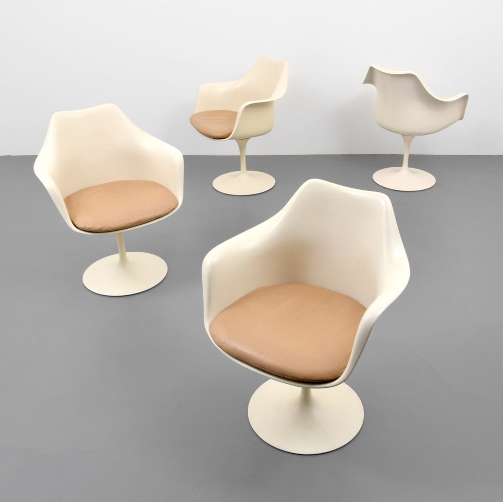 Eero Saarinen TULIP Arm Chairs, Set of 4: Designer & Manufacturer: Eero Saarinen; Knoll International Markings: marking(s) Country of Origin & Materials: USA; plastic, upholstery, aluminum Additional Information: Chairs are the PEDESTAL ARM C