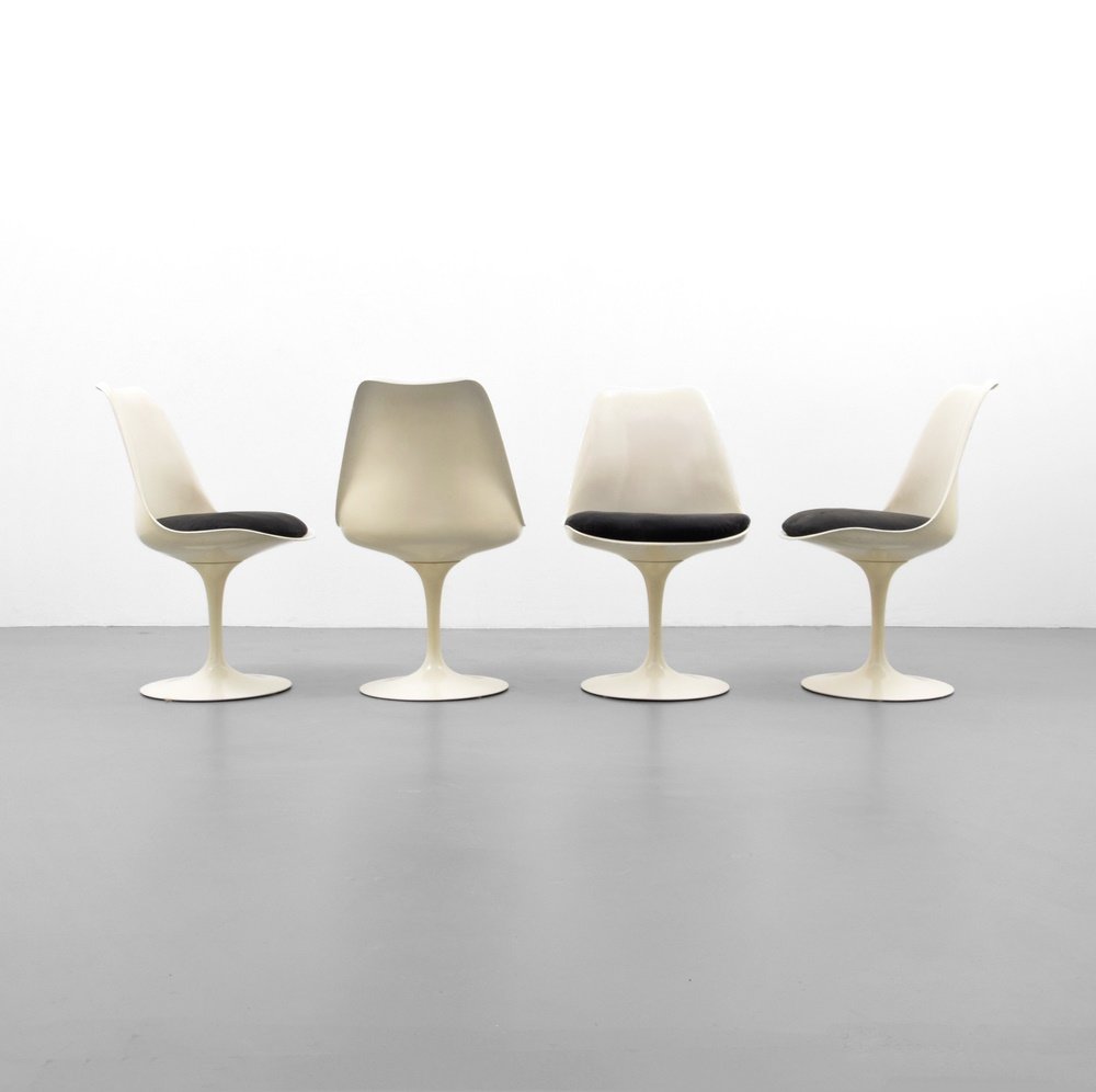 Eero Saarinen TULIP Chairs, Set of 4: Designer & Manufacturer: Eero Saarinen; Knoll Markings: marking(s) Country of Origin & Materials: USA; aluminum, plastic, upholstery Additional Information: Chairs are known as the PEDESTAL SIDE CHAIR