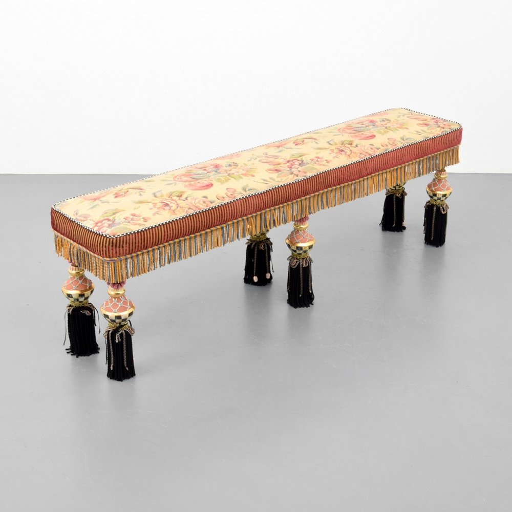 Large Mackenzie-Childs Ltd. Bench: Designer & Manufacturer :Mackenzie-Childs Ltd. Markings: Mackenzie-Childs Ltd. label Country of Origin & Materials: USA; porcelain, upholstery, cording, metal Additional Information & Circa: Dimension