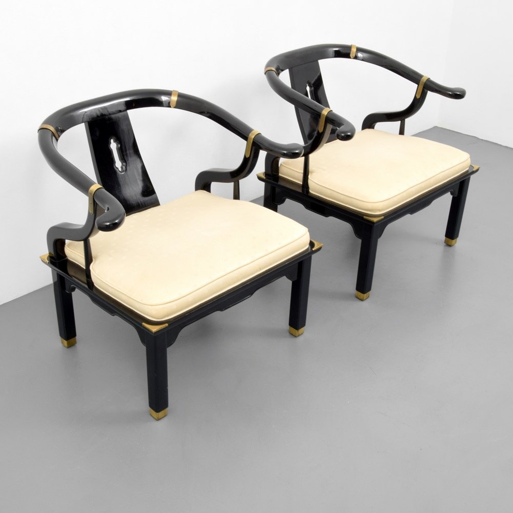 Pair of Lounge Chairs, Manner of James Mont: Designer & Manufacturer :James Mont, Manner of; Century Chair Co. Markings: Century Chair Co. label Country of Origin & Materials: USA; wood, brass, upholstery Additional Information & Circa: Dimensio