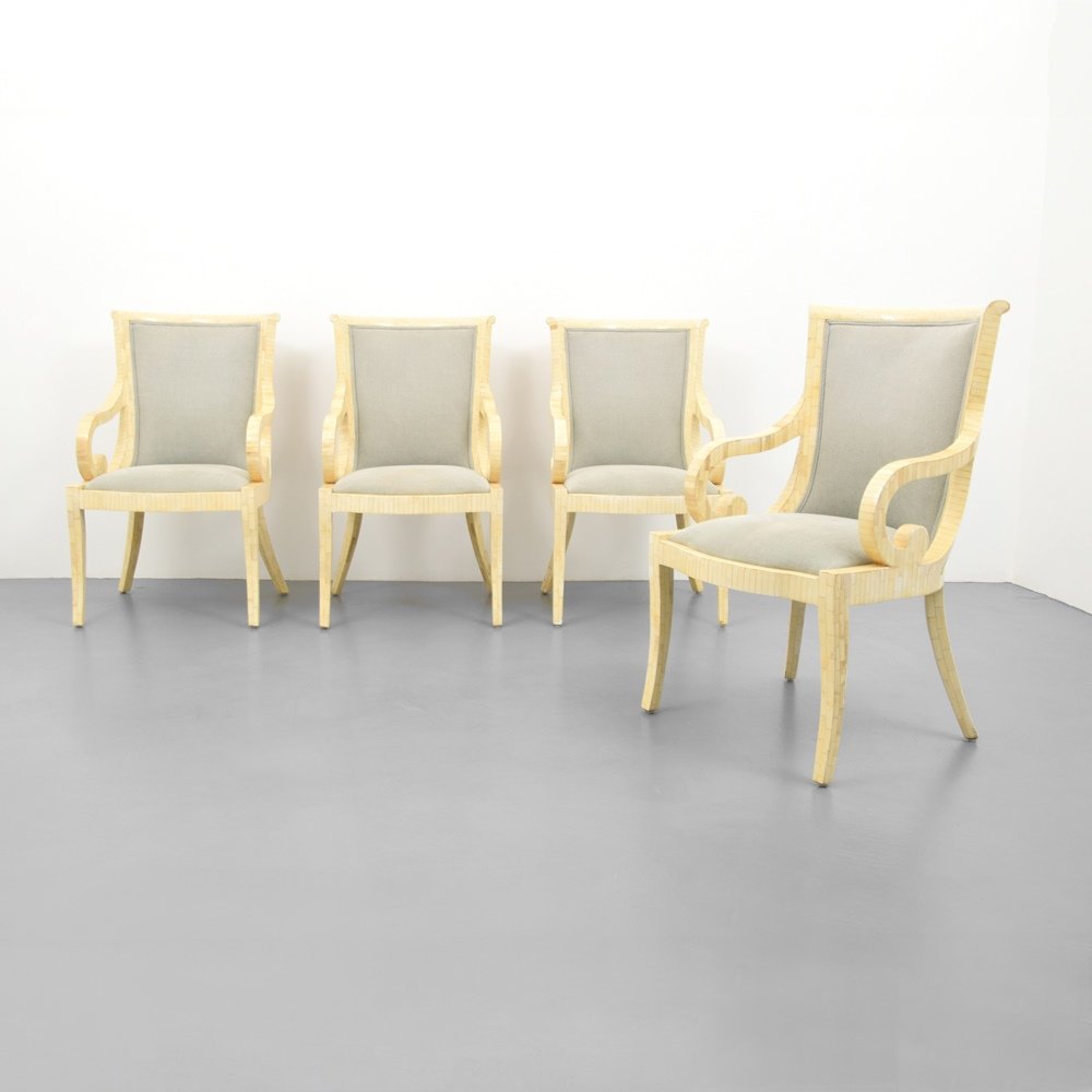 Set of 4 Arm Chairs, Manner of Karl Springer: Designer & Manufacturer :Karl Springer, Manner of Markings: no marking(s) apparent Country of Origin & Materials: unknown; tessellated bone, upholstery Additional Information & Circa: Dimensions: 39"