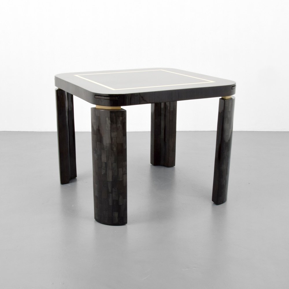 Enrique Garcel Game Table: Designer & Manufacturer :Enrique Garcel; Jimeco Ltd. Markings: Jimeco Ltd. Label Country of Origin & Materials: Colombia; tessellated bone, other Additional Information & Circa: Table has four pull-ou