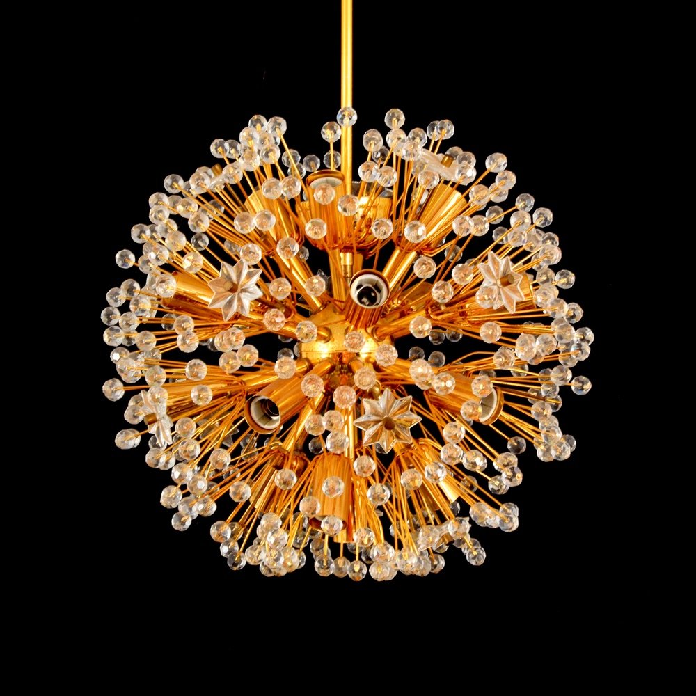 Emil Stejnar Chandelier: Designer & Manufacturer :Emil Stejnar Markings: no marking(s) apparent Country of Origin & Materials: Austria; brass, glass Additional Information & Circa: Dimensions: 15"dia.