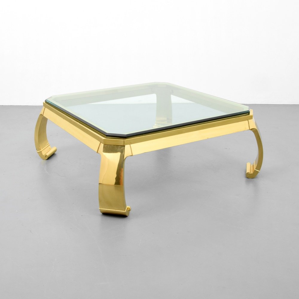 Coffee Table, Manner of Karl Springer: Designer & Manufacturer :Karl Springer, Manner of Markings: no marking(s) apparent Country of Origin & Materials: USA; brass, glass Additional Information & Circa: Dimensions: 15"h, 36"w, 36"d
