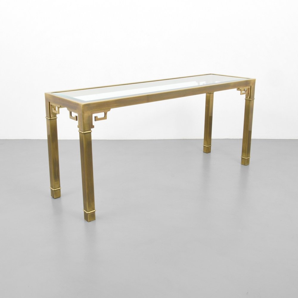 Mastercraft Console Table: Designer & Manufacturer :Mastercraft Markings: no marking(s) apparent Country of Origin & Materials: USA; brass, glass Additional Information & Circa: Dimensions: 27.5"h, 60"w, 18"d